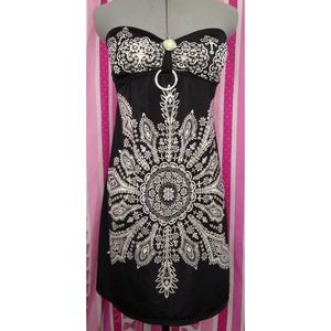 Black White Floral Mandala Strapless Y2K Dress